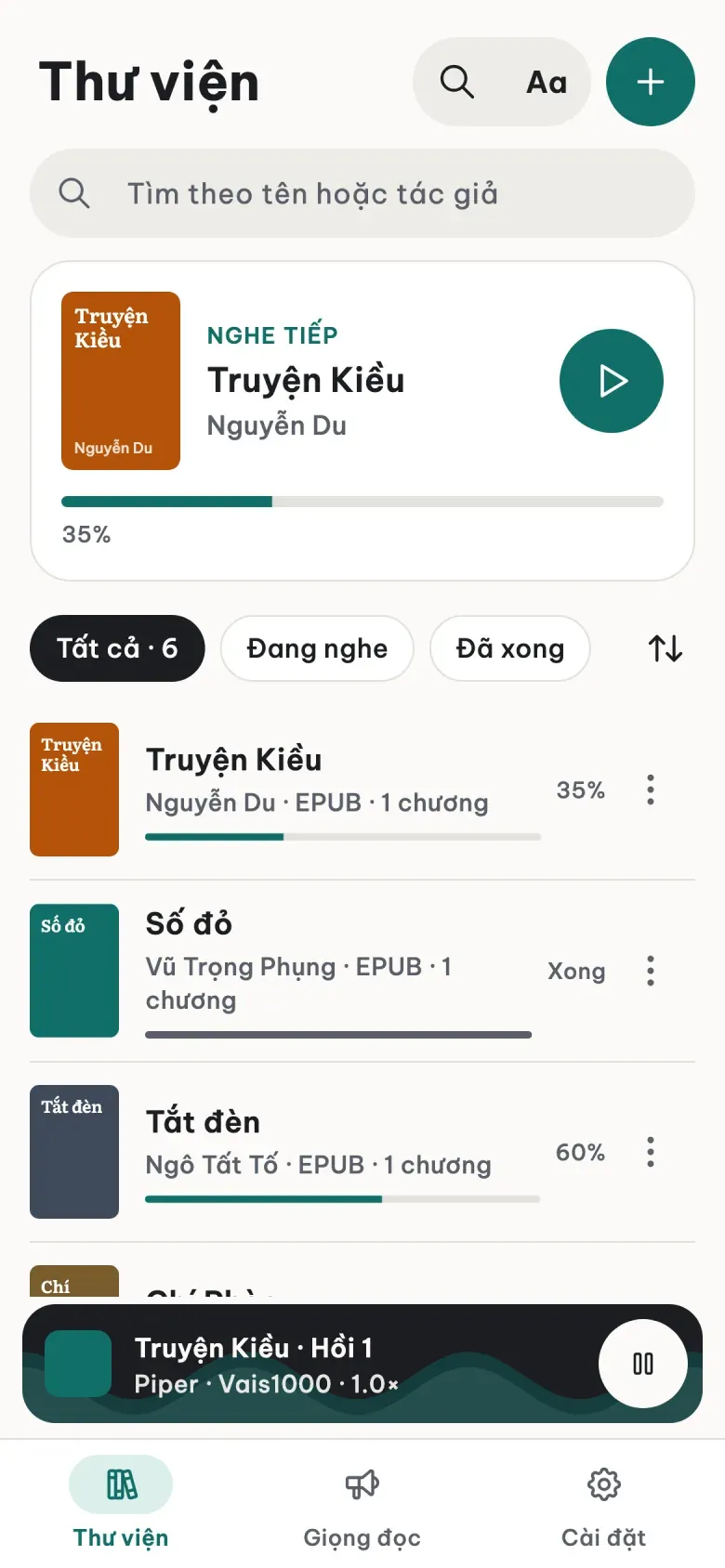 Thư viện LeziBook với Truyện Kiều đang nghe dở, Số đỏ, Tắt đèn, Chí Phèo và trình phát nhỏ ở dưới