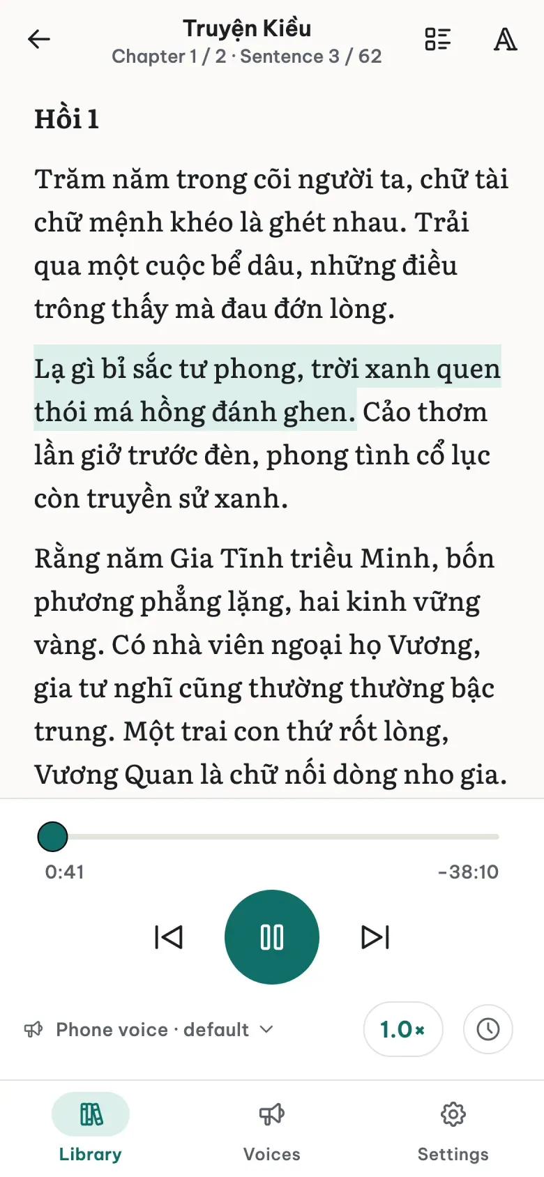 The LeziBook reader in English reading The Tale of Kiều, the current sentence highlighted, the player below