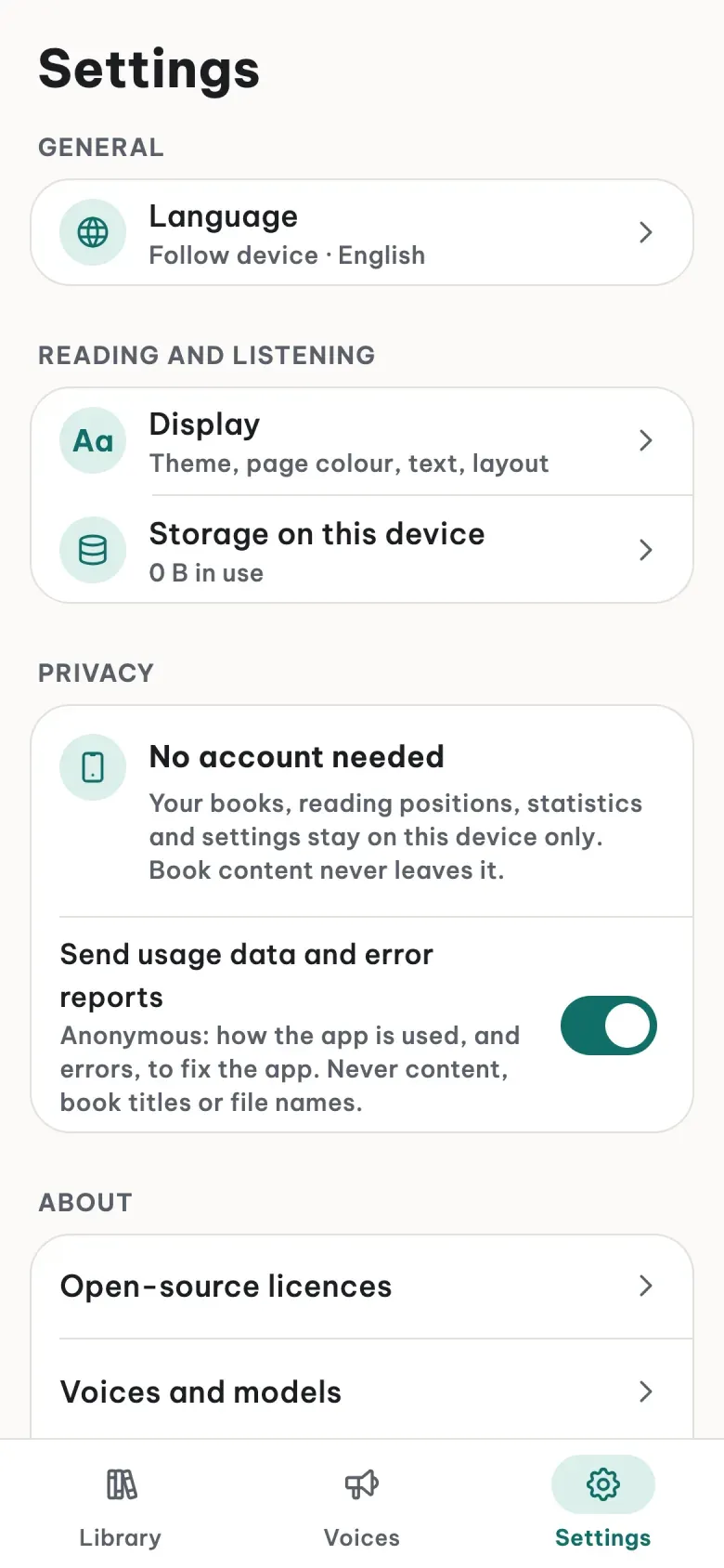 The Settings screen: the Privacy section says No account needed, with a switch for usage data
