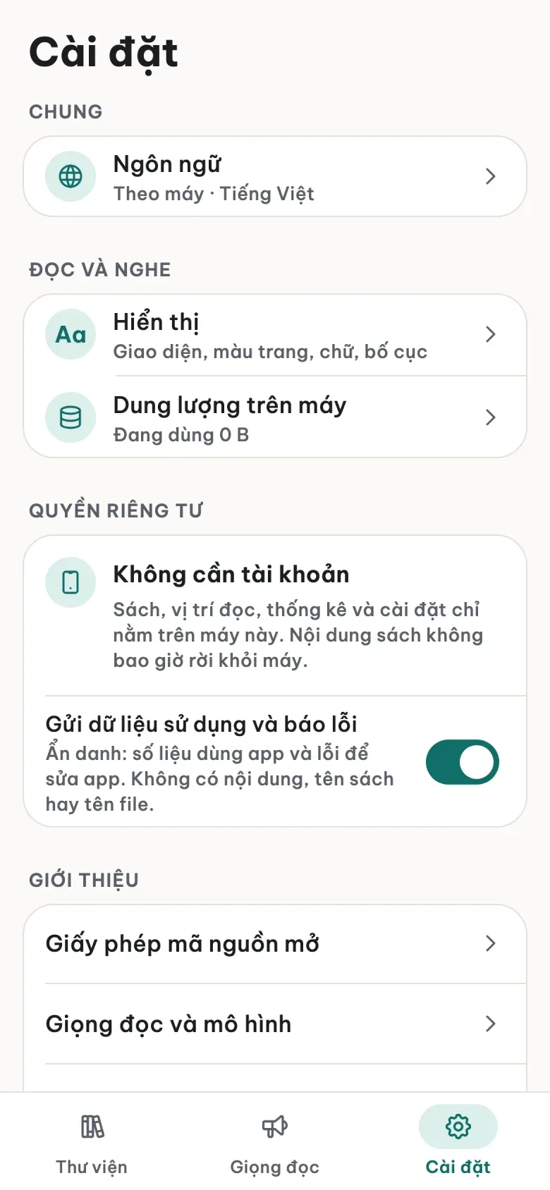 Màn Cài đặt: mục Quyền riêng tư ghi Không cần tài khoản, có công tắc gửi dữ liệu sử dụng